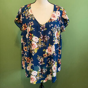 Women's Torrid Blue Floral V-Neck Blouse 2X